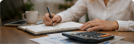 Person setting automated savings goals with a calculator and notebook