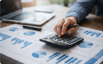 Calculator and financial reports used for money planning during uncertain economic conditions