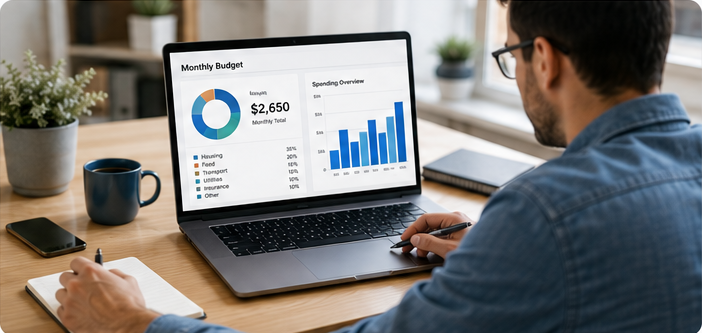 Person reviewing a monthly budget on a laptop